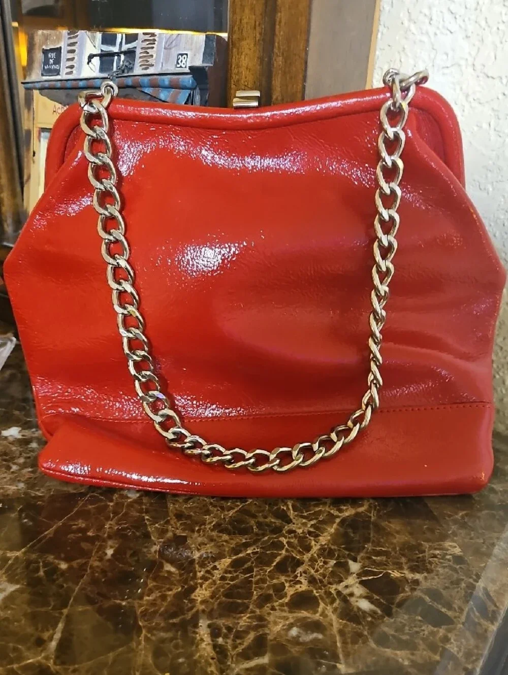 Red Patent Shoulder Bag with Chain Strap